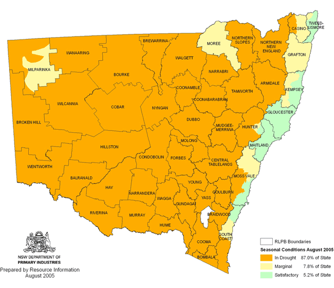 Map showing areas of NSW suffering drought conditions as at August 2005