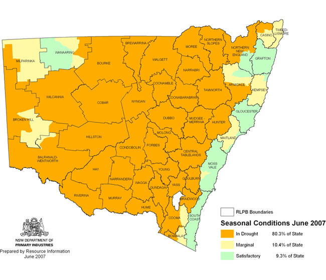 Map showing areas of NSW suffering drought conditions as at June 2007