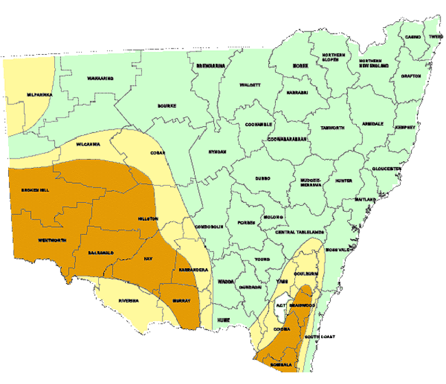 Map showing areas of NSW suffering drought conditions as at July 1998