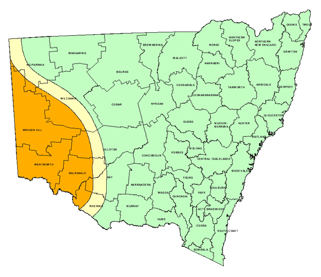 Map showing areas of NSW suffering drought conditions as at July 1999