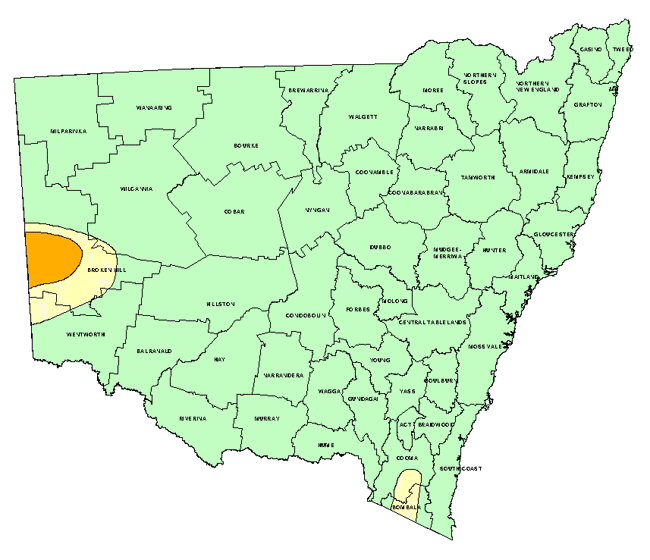 Map showing areas of NSW suffering drought conditions as at January 2000