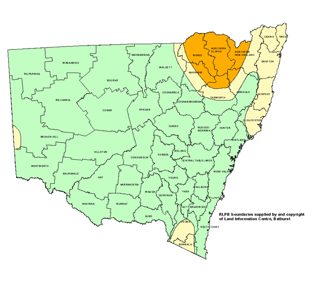 Map showing areas of NSW suffering drought conditions as at October 2000