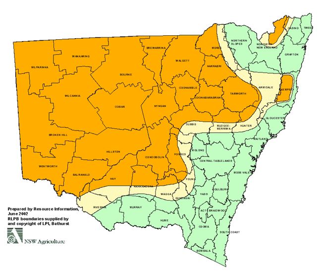 Map showing areas of NSW suffering drought conditions as at June 2002