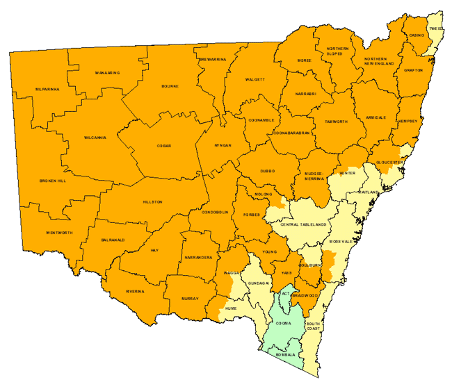 Map showing areas of NSW suffering drought conditions as at September 2002