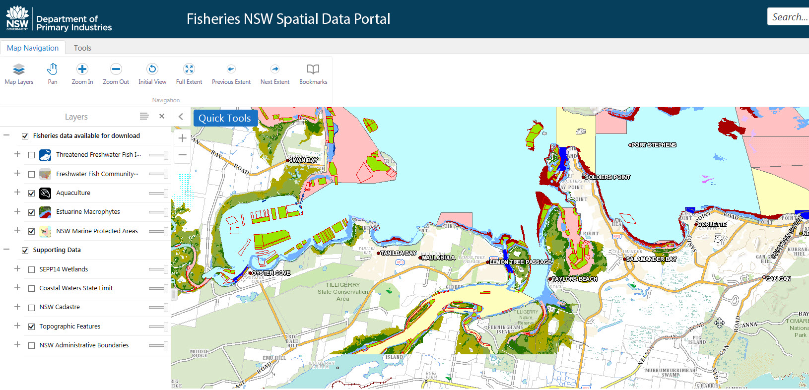 Map view of the Fisheries NSW Spatial Data Portal