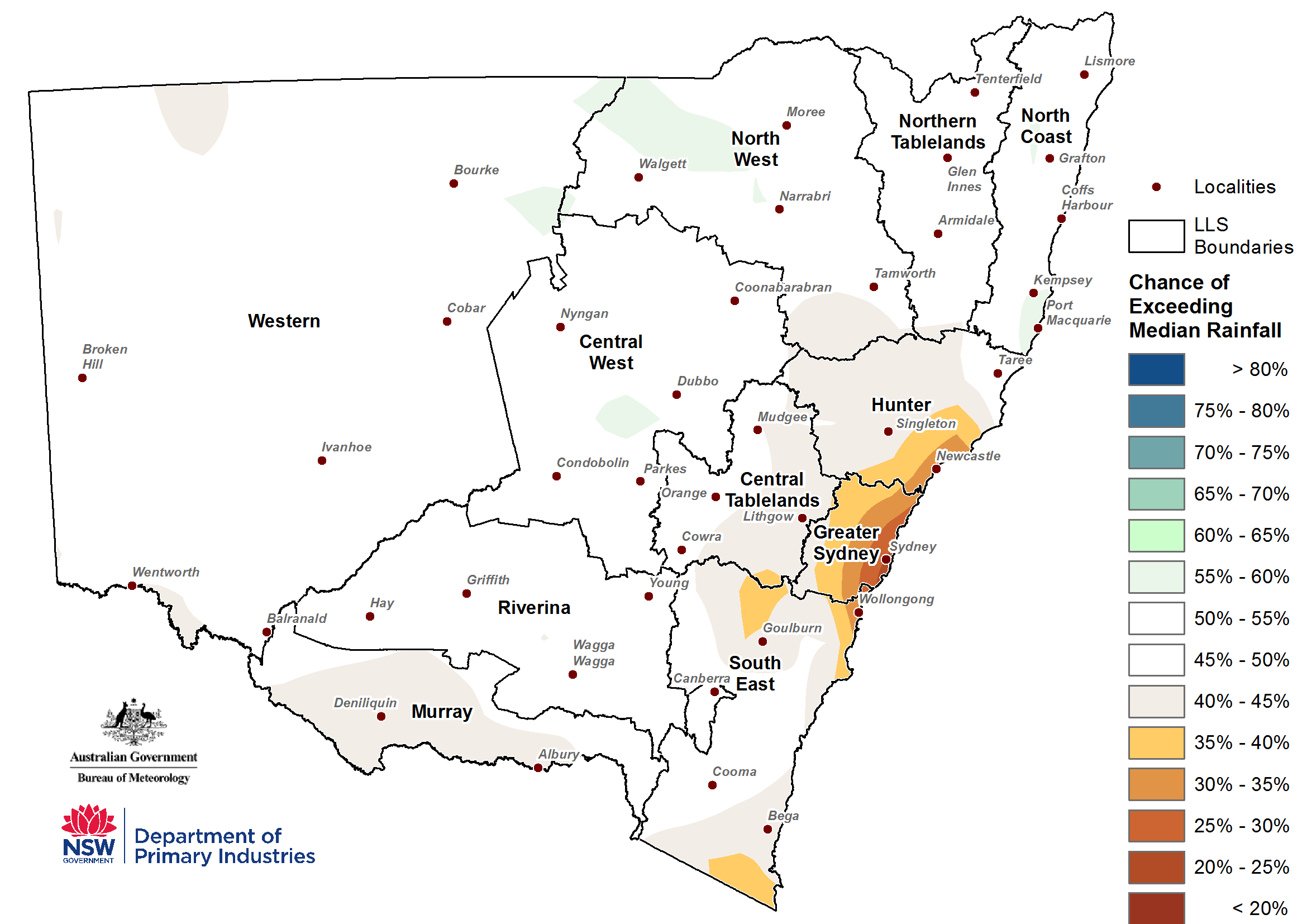 Seasonal rainfall outlook for NSW issued on 28 March 2019 - For an accessible explanation of this image contact scott.wallace@dpi.nsw.gov.au