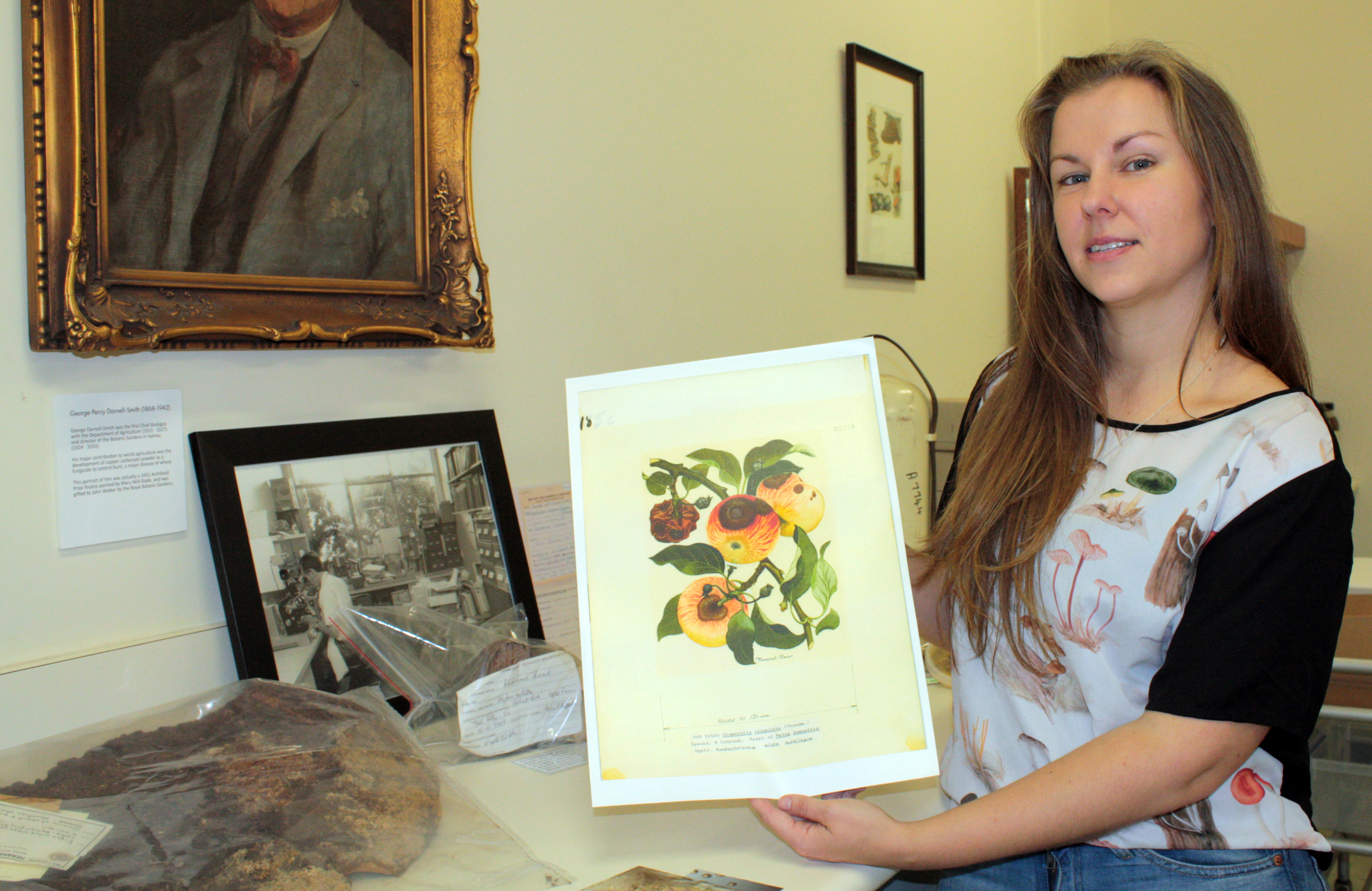 Dr Jordan Bailey holding artwork from NSW DPI's Biosecurity Collections
