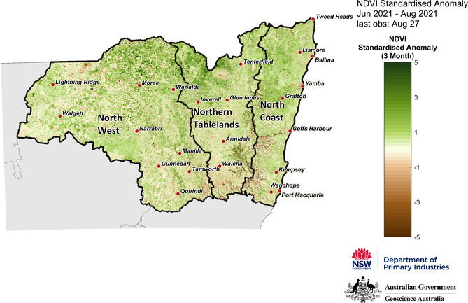3-month NDVI anomaly map for the North West, Northern Tableland and North Coast regions