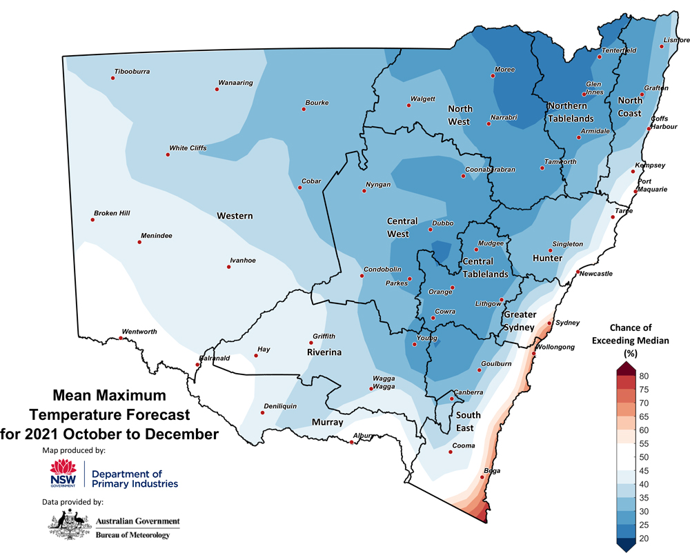 Figure 27. Seasonal maximum temperature outlook for NSW issued on 30 September 2021