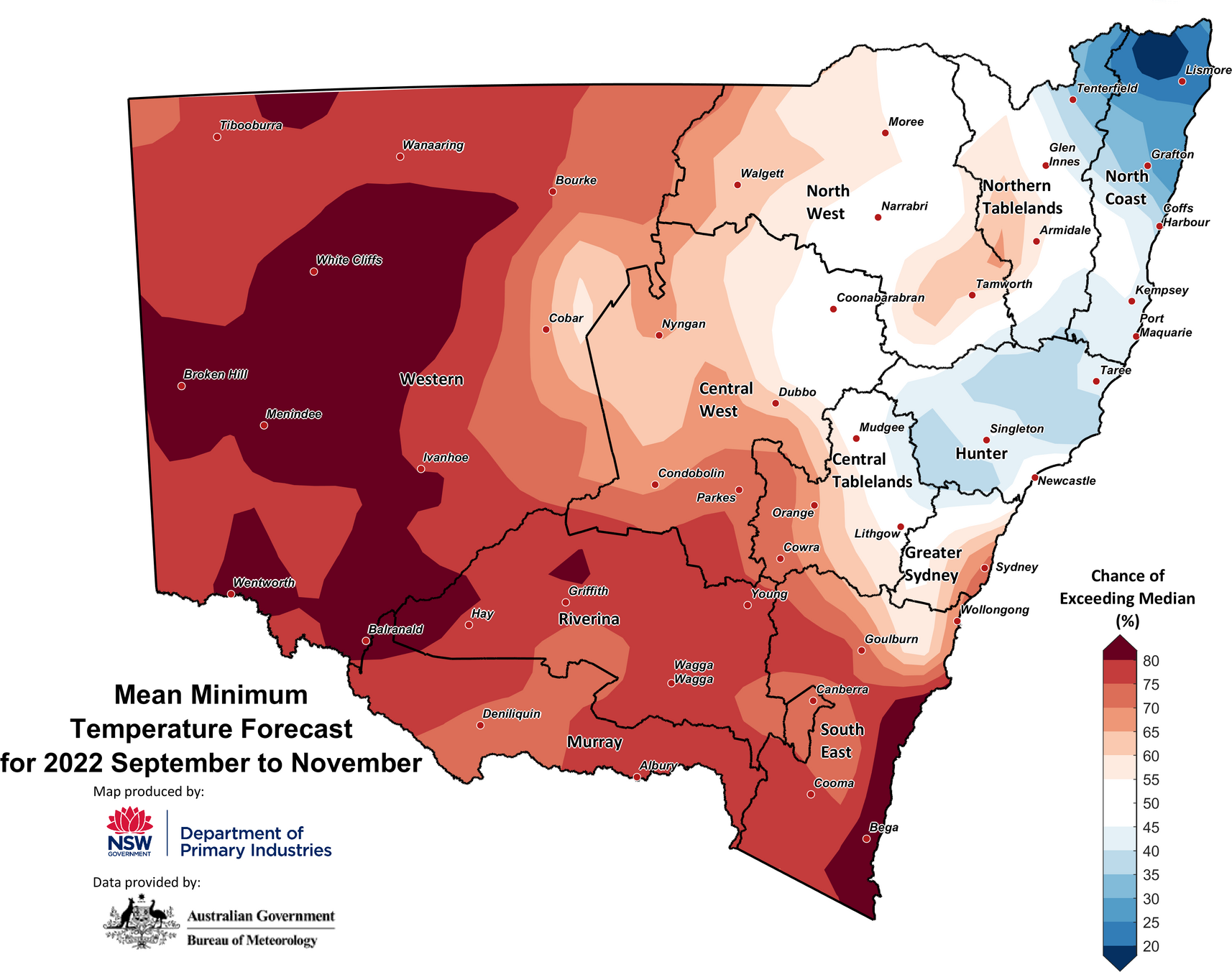 Figure 28. Seasonal average minimum temperature outlook for NSW issued on 2 September 2022