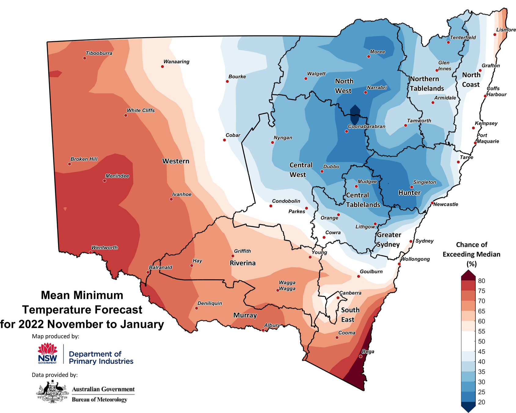 Figure 28. Seasonal average minimum temperature outlook for NSW issued on 28 October 2022