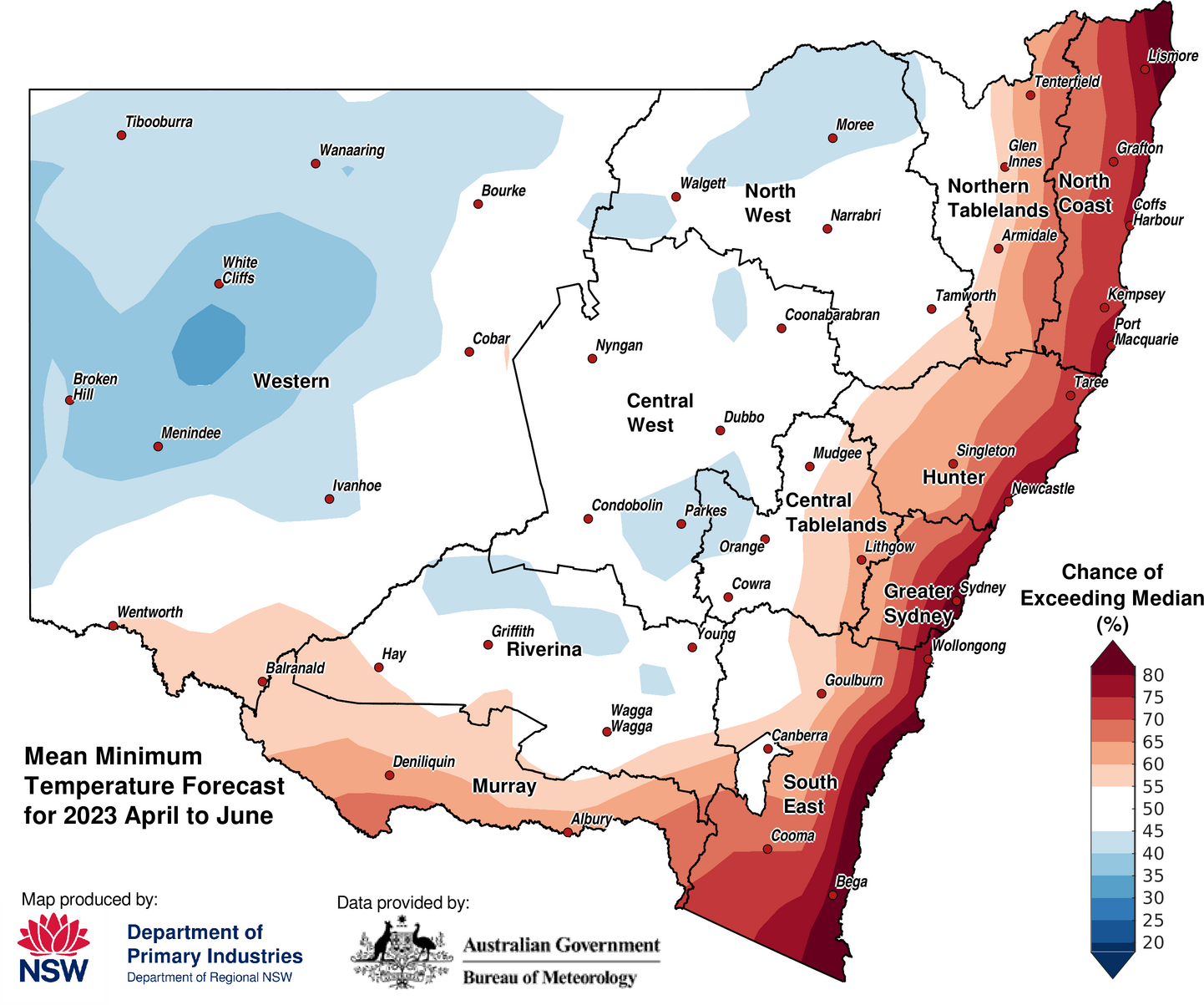 Figure 12. Seasonal average minimum temperature outlook for NSW issued on 27 March 2023