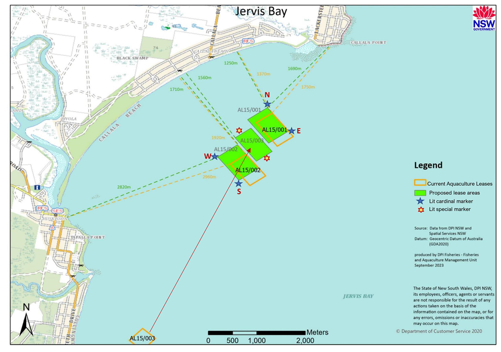Map of Jervis Bay showing the current location (orange outlines) and proposed modification of the aquaculture leases (green filled polygons) and the proposed location of lease markers