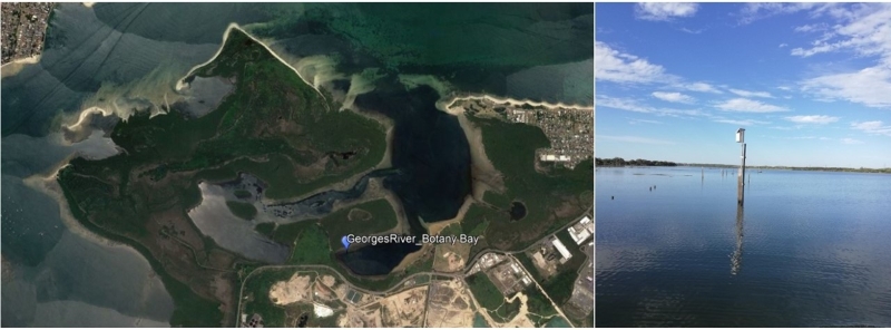Aerial image of water quality monitoring station (left), and the monitoring station in location (right).
