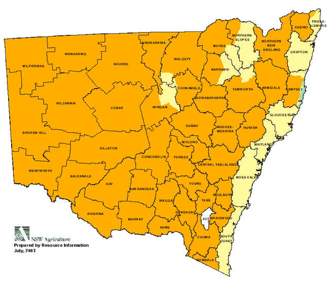 Map showing areas of NSW suffering drought conditions as at July 2003
