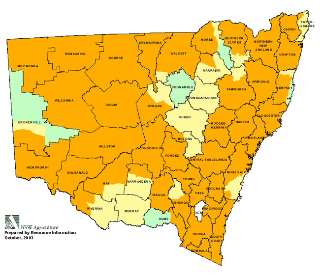 Map showing areas of NSW suffering drought conditions as at October 2003