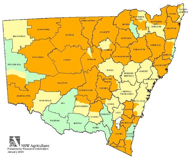 Map showing areas of NSW suffering drought conditions as at January 2004