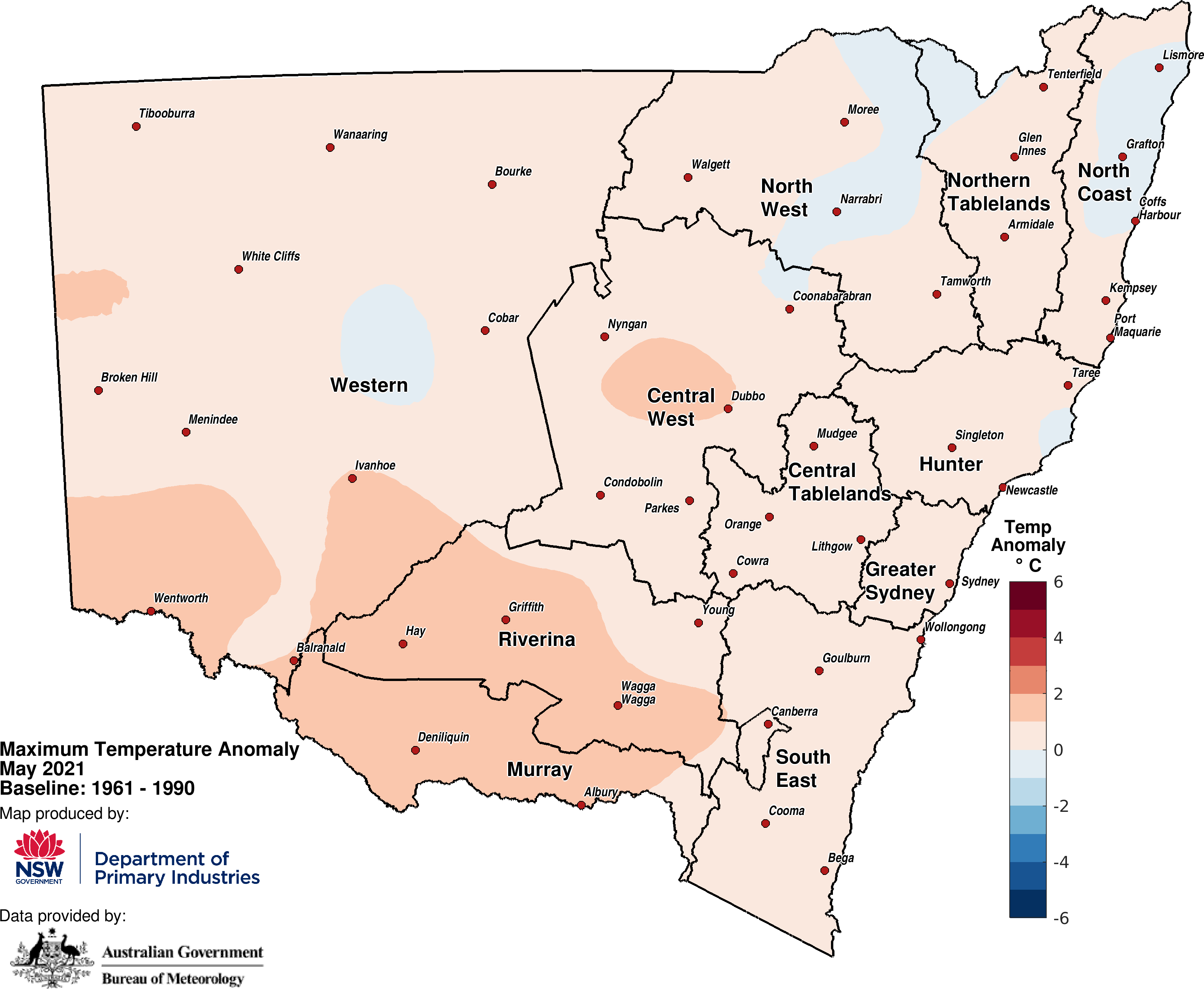 Figure 3a. Average daytime temperature anomaly – May 2021 For an accessible explanation of this image contact the author seasonal.conditions@dpi.nsw.gov.au