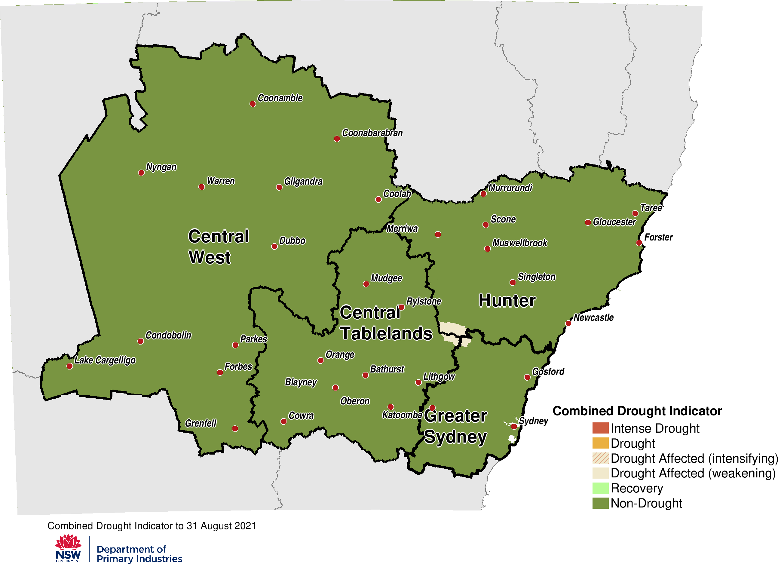 Combined Drought Indicator for the Central Tablelands, Central West, Hunter and Greater Sydney regions 