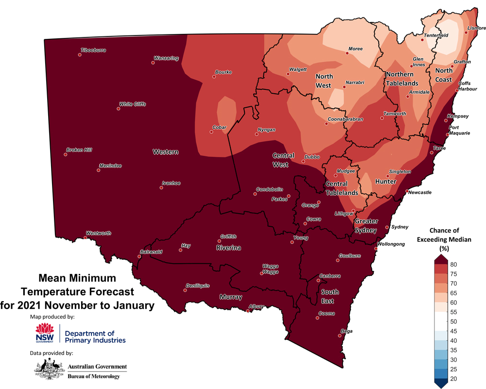 Figure 28. Seasonal minimum temperature outlook for NSW issued on 28 October 2021