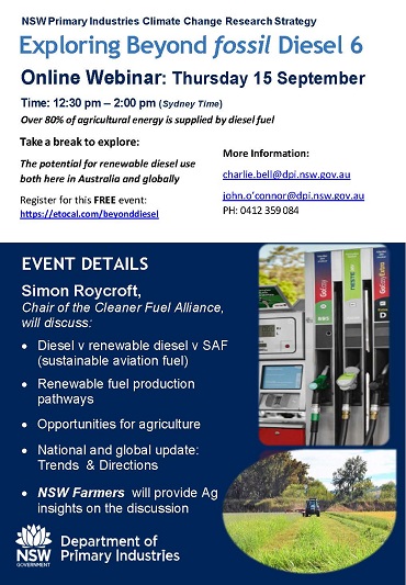 flyer promo for exploring beyond diesel webinar with date and time showing fuel bowser with renewable diesel pump and tractor plowing green field with trees 