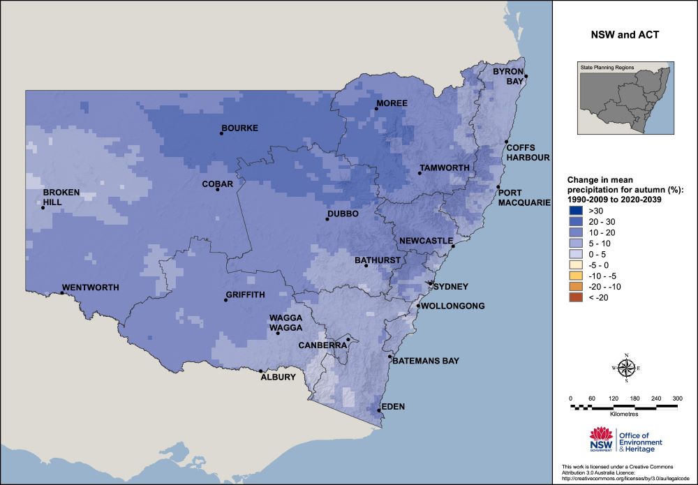 Map indicating increased rainfall in NSW in autumn.