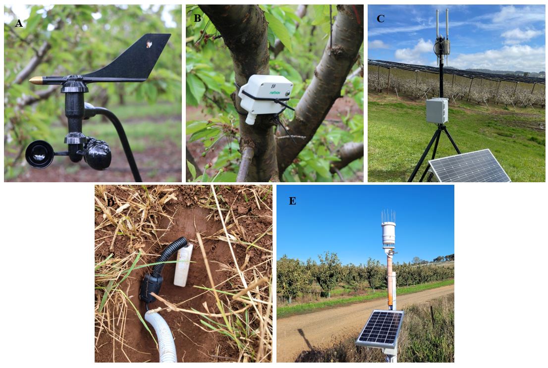 Images from left to right: A) Anemometer B) Temperature and Humidity Sensor C) LoRaWan Gateway D) Soil Moisture Probe E) Weather Station.