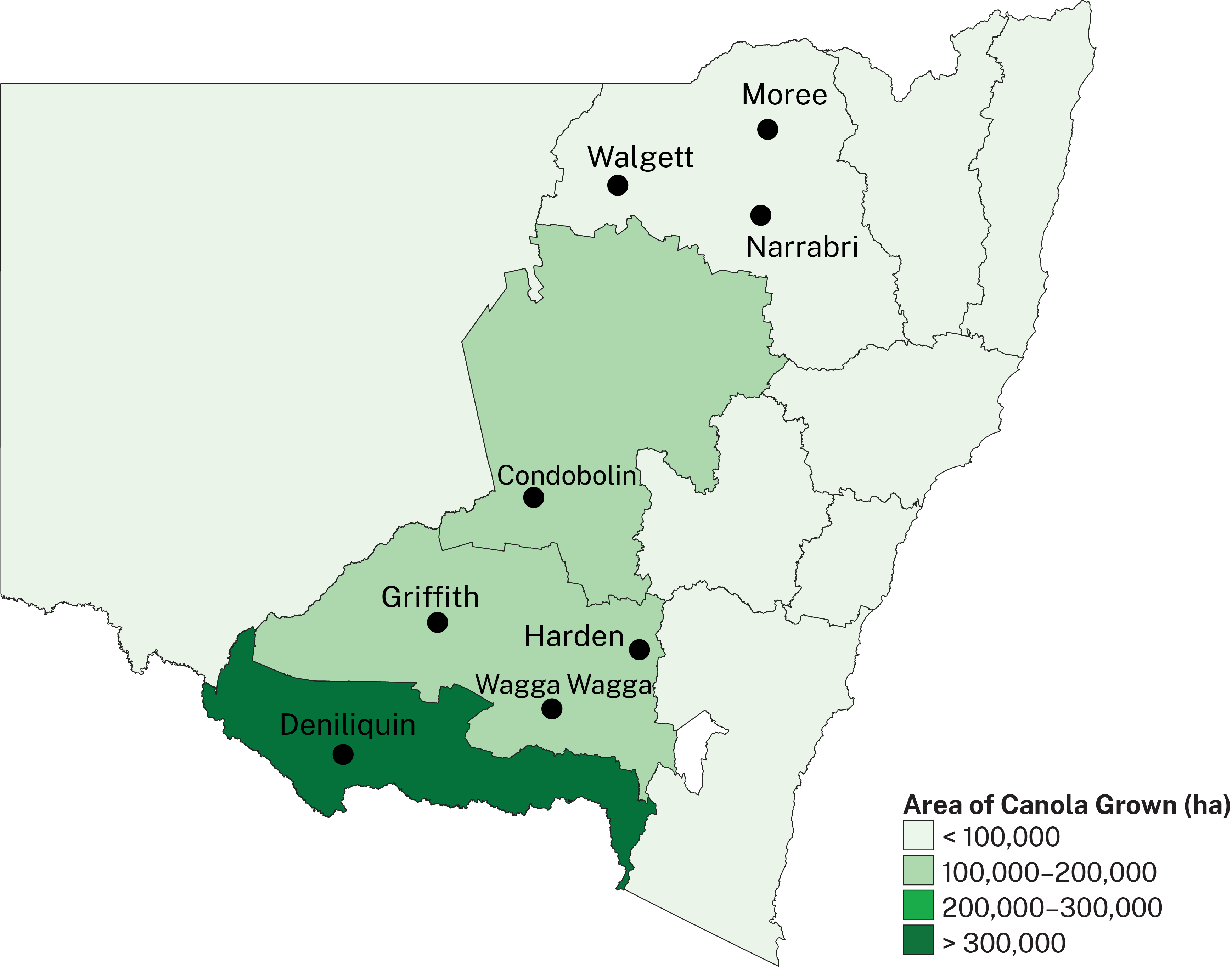 Canola growing in NSW is concentrated in the central south of the state.
