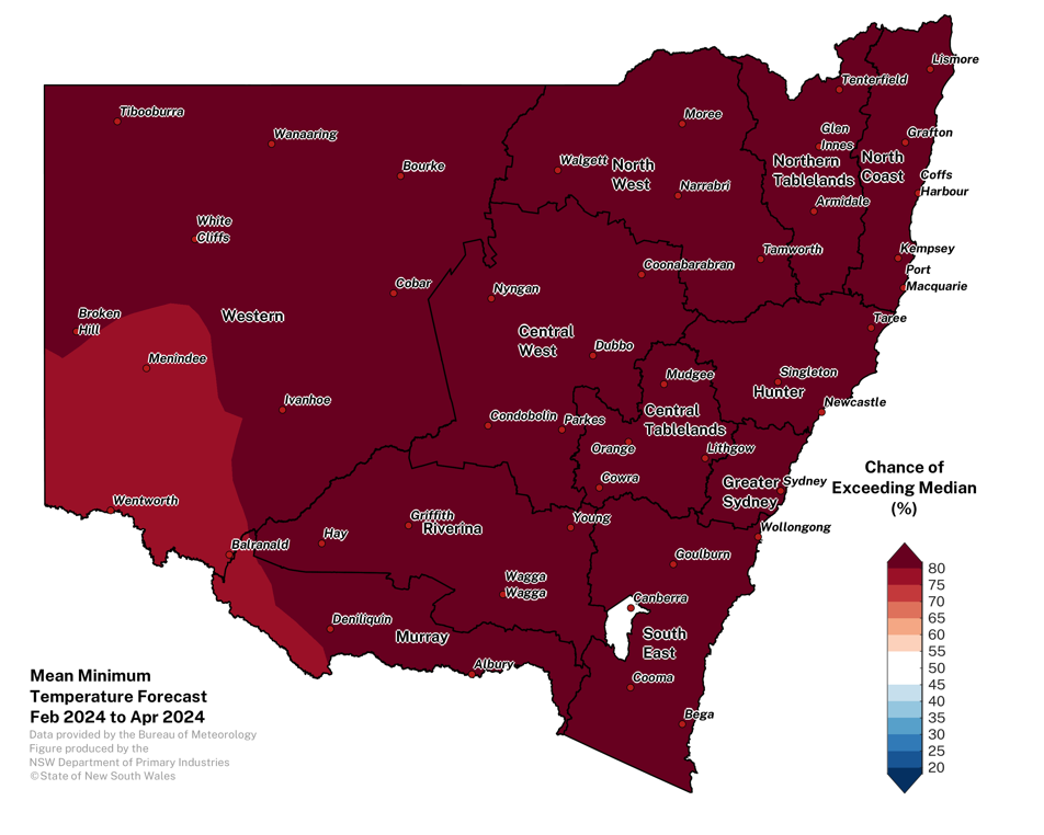 Figure 12. Seasonal average minimum temperature outlook for NSW issued on 1 February 2024 
