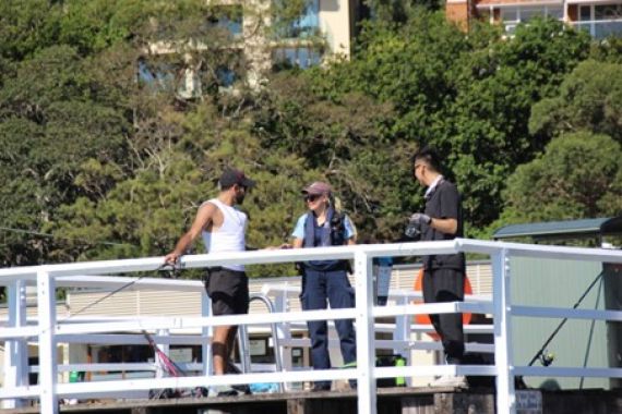 Fisheries officer checking compliant recreational fishers on Sydney Harbour