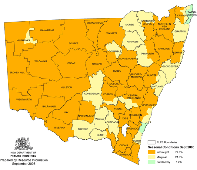 Map showing areas of NSW suffering drought conditions as at September 2005