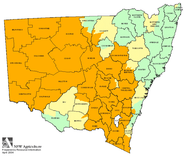 Map showing areas of NSW suffering drought conditions as at April 2004