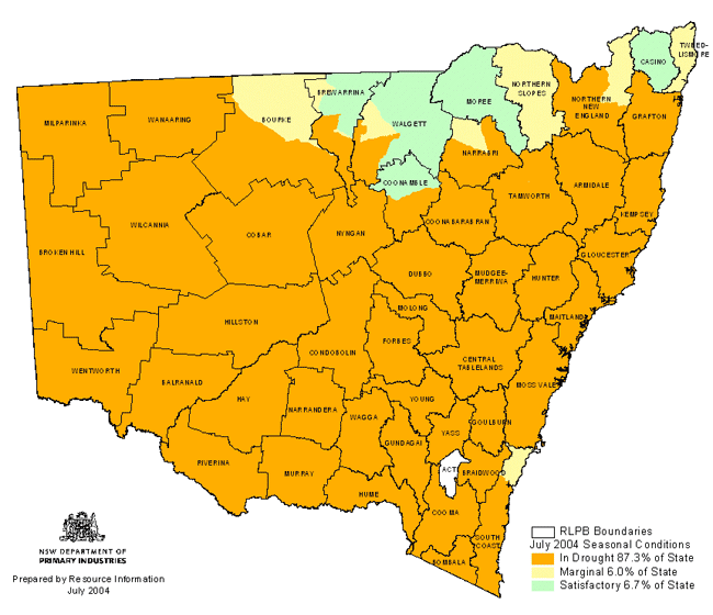 Map showing areas of NSW suffering drought conditions as at July 2004