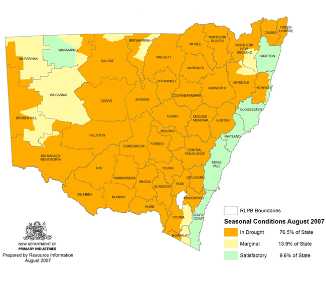  Map showing areas of NSW suffering drought conditions as at August 2007
