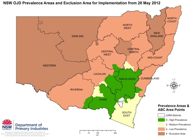 NSW OJD exclusion and prevalence areas map