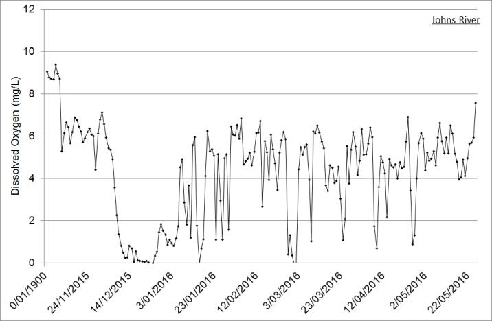 Figure 5. Dissolved oxygen logger data from John’s River, a tributary to Watson-Taylor Lake in the Camden Haven estuary (6 month time-series from project commencement shown). Several low-DO events are obvious, the most severe being the persistent flow of 