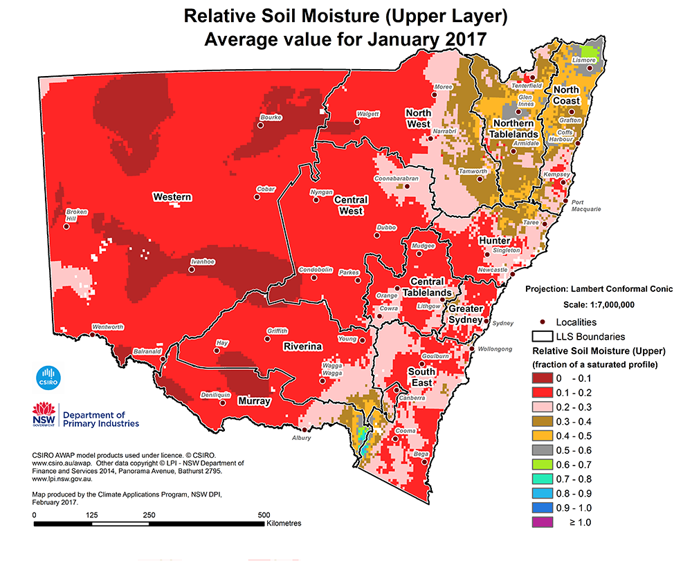 Map showing the relative soil moisture comparison for January 2017