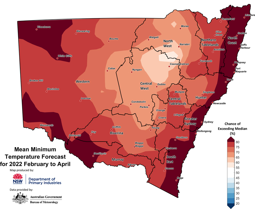 Figure 28. Seasonal average minimum temperature outlook for NSW issued on 3 February 2022
