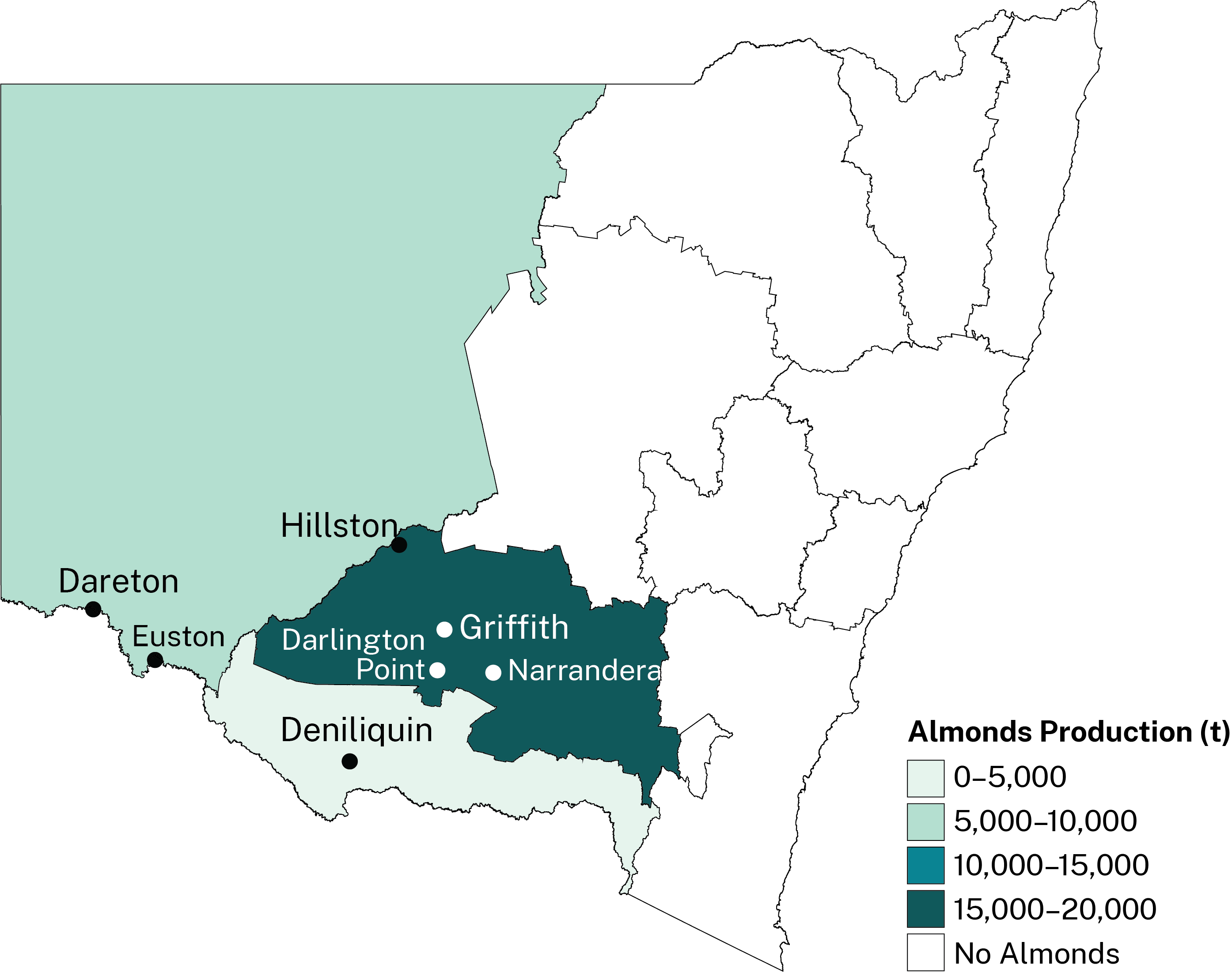 Almond-growing in NSW is concentrated in the Riverina and Far West regions of the state.