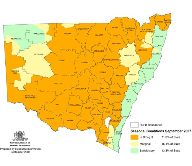  Map showing areas of NSW suffering drought conditions as at September 2007