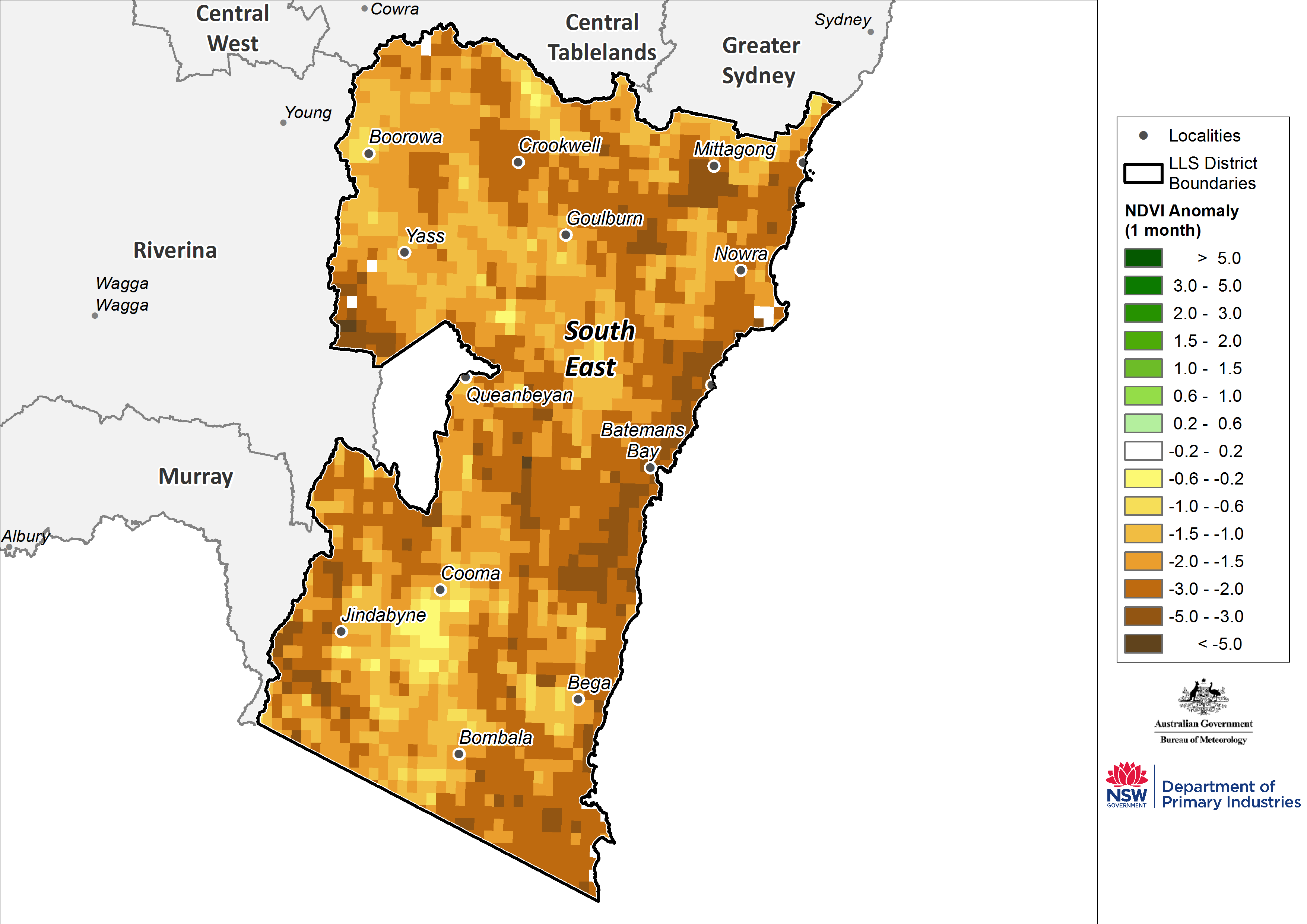 Monthly NDVI anomaly map for the South East region - For an accessible explanation of this image contact scott.wallace@dpi.nsw.gov.au