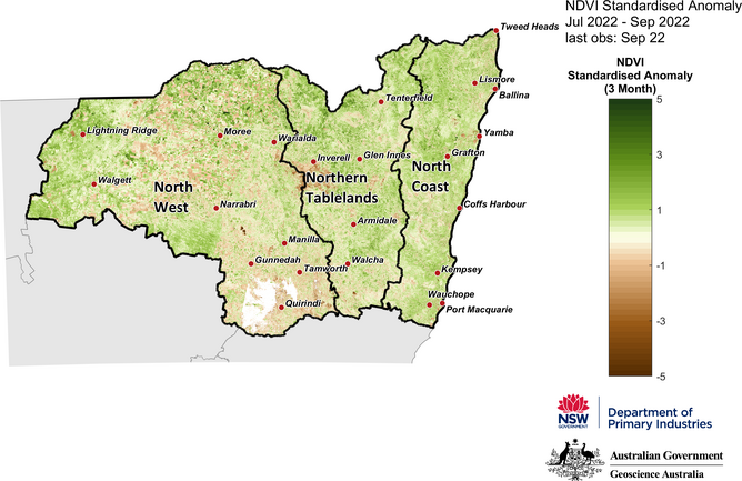 Figure 18. 3-month NDVI anomaly map for the North West, Northern Tableland and North Coast regions