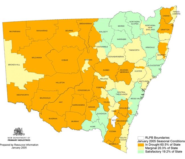 Map showing areas of NSW suffering drought conditions as at January 2005