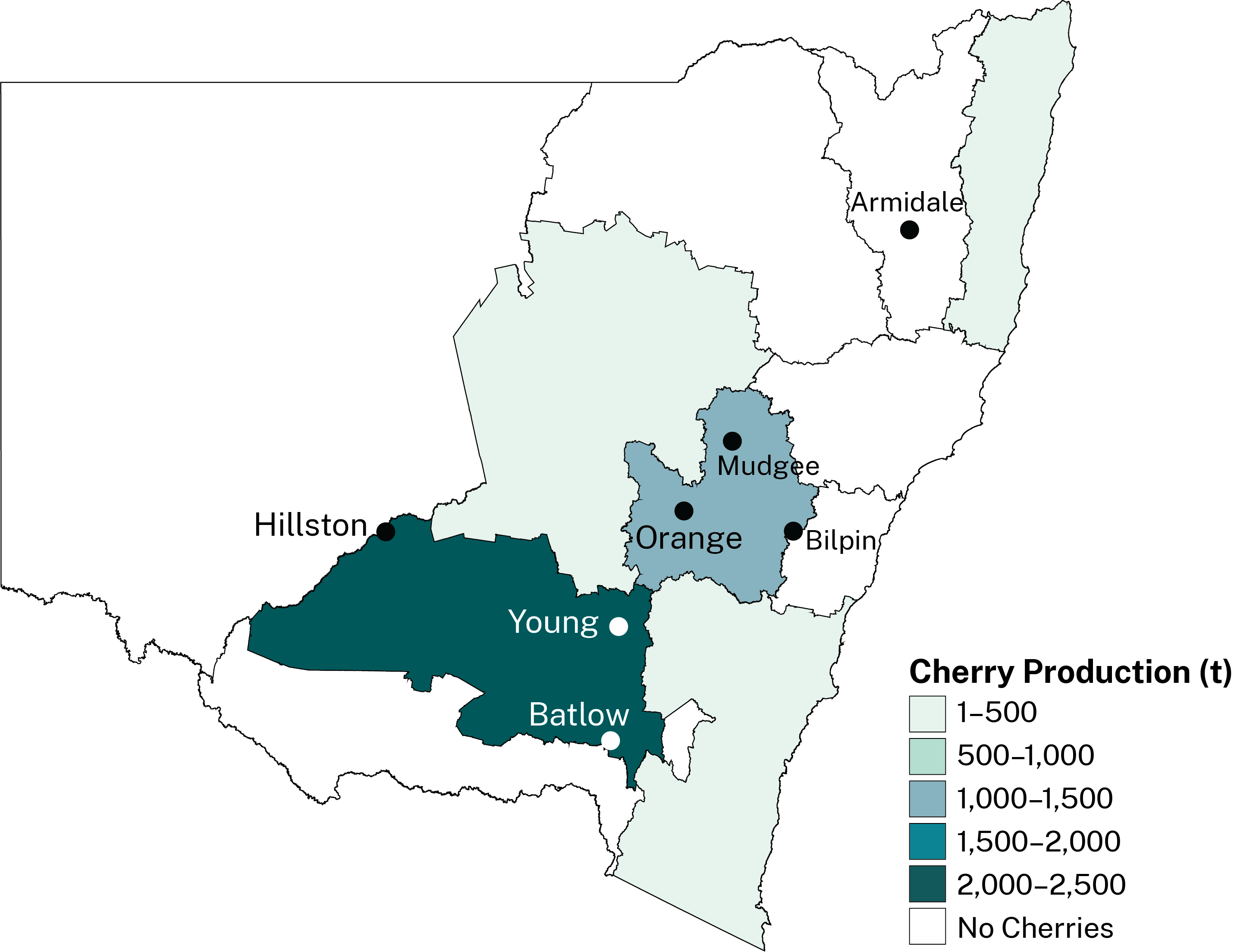 Cherry growing in NSW is concentrated in the Riverina and Central West regions.