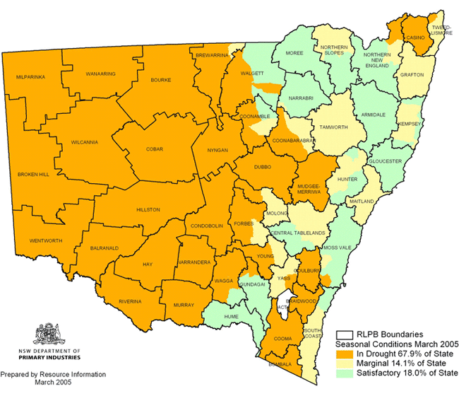 Map showing areas of NSW suffering drought conditions as at March 2005