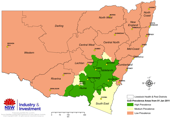 Map of NSW showing OJD Prevalence Areas effective 1 January 2011