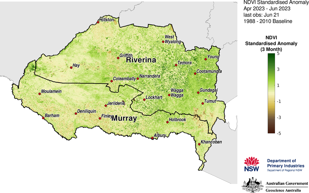 Figure 19. 3-month NDVI anomaly map for the Murray and Riverina LLS regions 