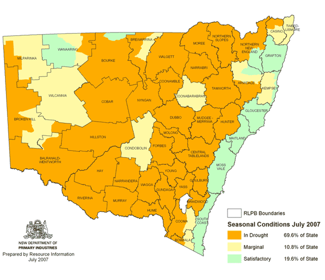 Map showing areas of NSW suffering drought conditions as at July 2007