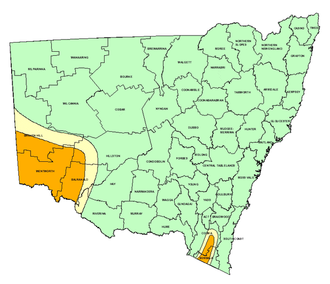 Map showing areas of NSW suffering drought conditions as at November 1998
