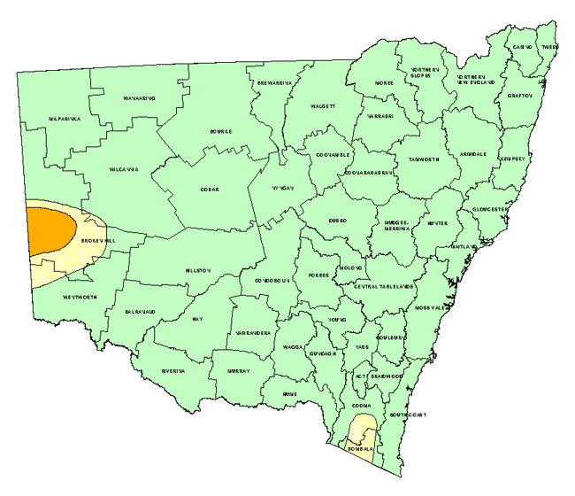 Map showing areas of NSW suffering drought conditions as at February 2000